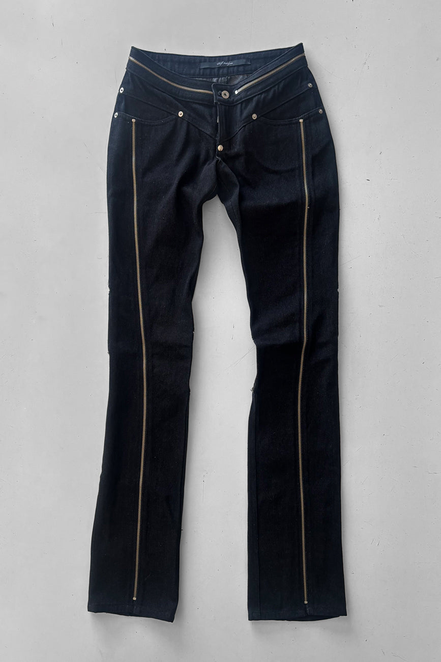 RAW DENIM ZIPPED BIKER JEANS